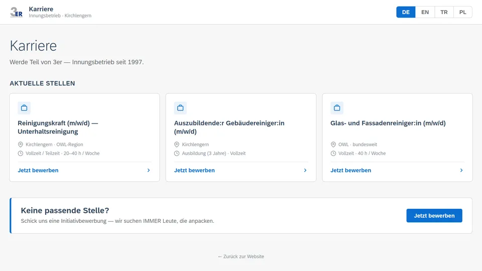 Karriereseite des 3er Bewerberportals mit offenen Stellen und Sprachauswahl