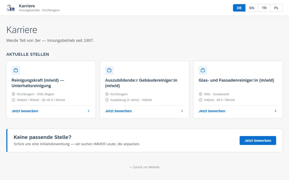 Bewerberportal für 3er Dienstleistungen am Desktop: Karriere-Übersicht mit drei offenen Stellen und Sprachwahl