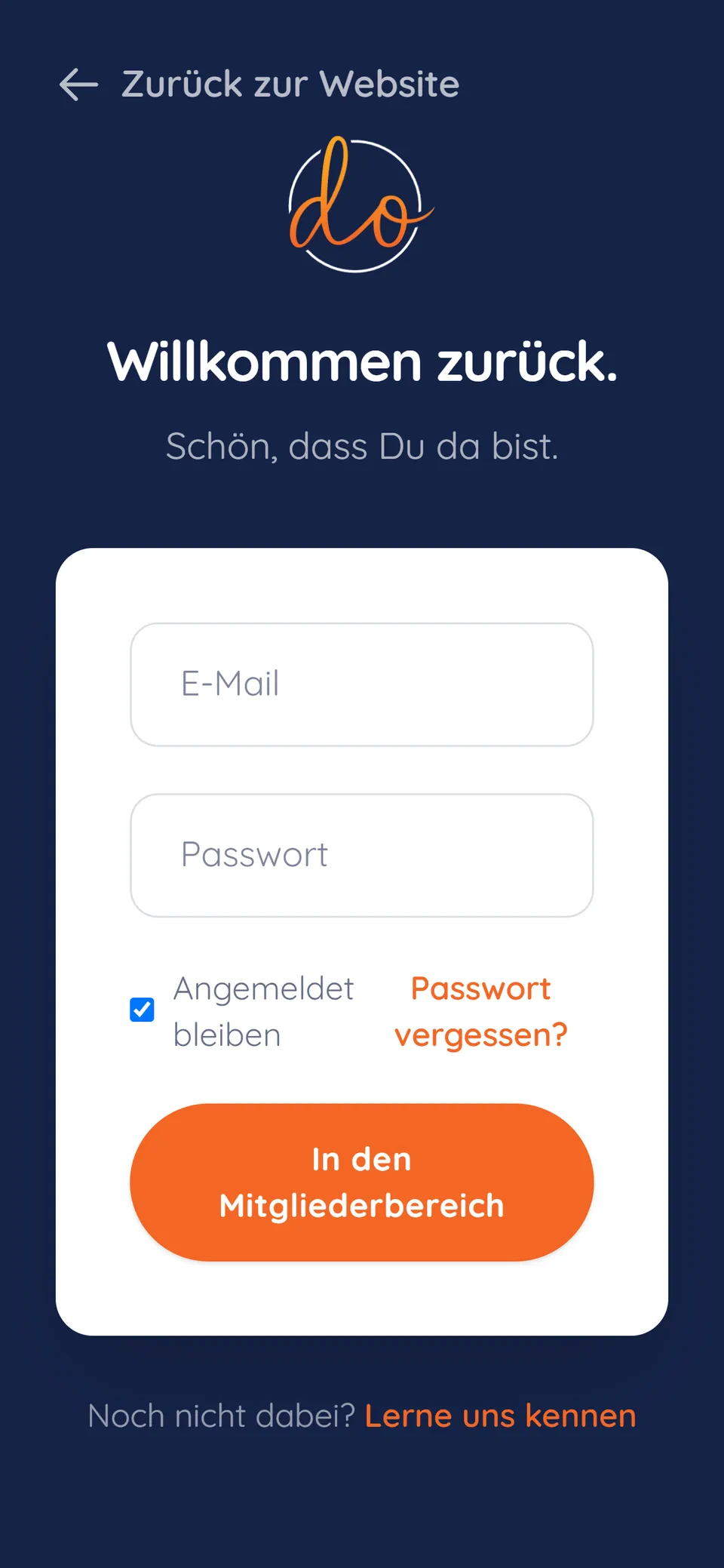 Mitgliederbereich von Dream Out Loud auf dem Smartphone: leere Anmeldemaske