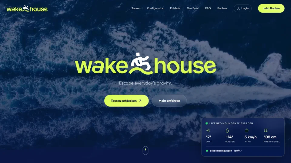 Startseite der Website von WakeHouse mit Live-Bedingungen für Luft, Wasser, Wind und Rhein-Pegel