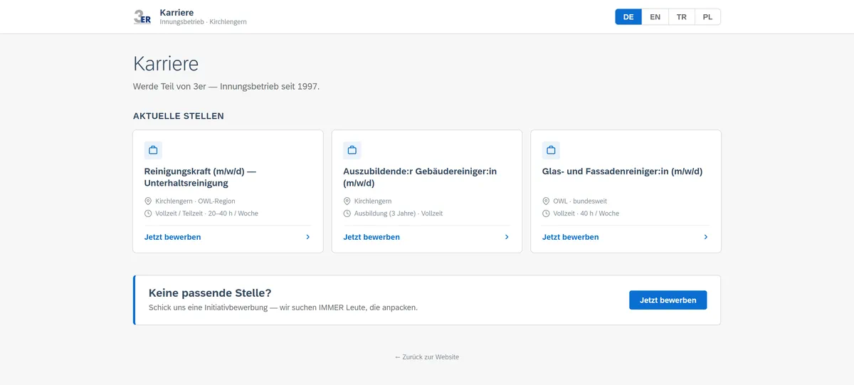 Karriereseite des 3er Bewerberportals mit offenen Stellen