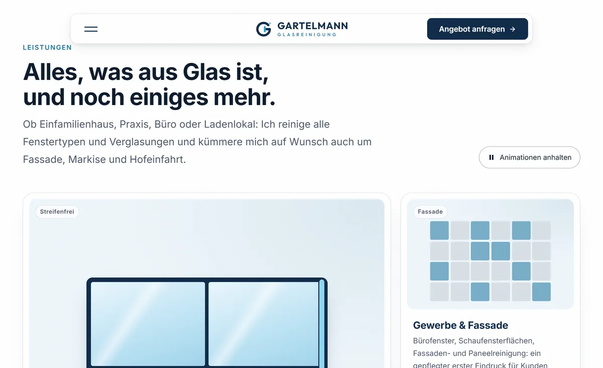 Website von Gartelmann Glasreinigung am Desktop: Kopfleiste mit Logo und Leistungen „Alles, was aus Glas ist“