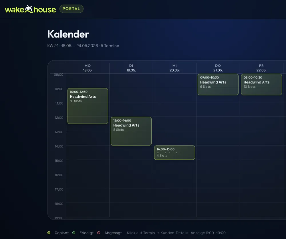 Wochen-Kalender im WakeHouse Management & Buchungsportal mit farbcodierten Terminen